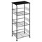 4-Tier Black Metal Storage Cart with Wood Top, Freestanding Wire Shelving Unit with Wheels & Hooks